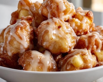 May include: A white bowl filled with golden-brown, fried dough balls drizzled with a white glaze. The dessert is piled high, with the glaze cascading over the sides. The image is a close-up, showcasing the texture and details of the sweet treat.