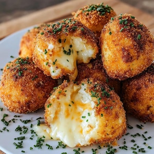 Puede incluir: Un plato de bolas de comida fritas de color marrón dorado, algunas cortadas para revelar queso blanco cremoso derretido. La comida está adornada con hierbas verdes picadas. La comida está dispuesta en un plato blanco.