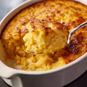 May include: A close-up shot of a golden-brown cornbread casserole in a white oval baking dish. A spoonful of the cornbread is lifted, showcasing its moist, corn-filled texture. The dish is a warm, inviting image of comfort food.