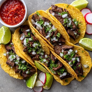 May include: Five tacos filled with grilled meat, chopped white onions, and fresh coriander, served in yellow corn tortillas. A small bowl of red salsa, lime wedges, and sliced radishes are arranged around the tacos.