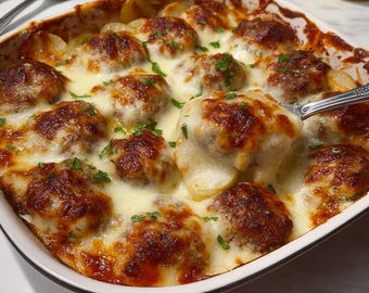 BEST RECIPE For Potato Meatball & Cheese Bake | Layered Potato Casserole with Savory Meatballs | Instant Digital Download PDF