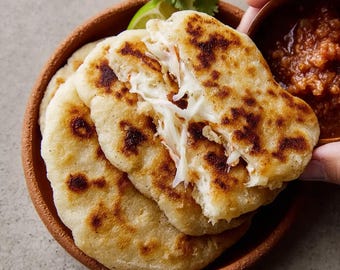 May include: A close-up shot of pupusas, a traditional Salvadoran dish. The pupusas are golden-brown, filled with melted cheese, and served in a rustic, brown bowl. A small bowl of salsa and a lime wedge are also present.