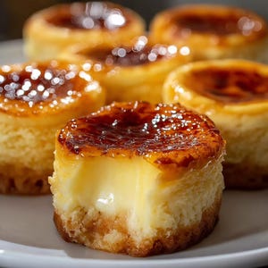 May include: A plate of mini cheesecakes with a caramelized, golden-brown top. The creamy, yellow filling is visible in one with a bite taken out. The cheesecakes are on a white plate, with a soft focus background.