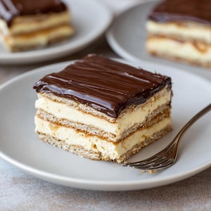 May include: A square slice of layered cake with a dark chocolate glaze on a white plate. The cake has multiple layers of cream filling between thin, rectangular pastry layers. A silver fork rests on the plate.