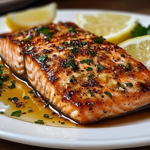 Può includere: Un primo piano di un filetto di salmone grigliato con salsa al burro e limone e erbe fresche. Il salmone è cotto alla perfezione e ha una pelle croccante. La salsa è ricca e saporita, e le erbe aggiungono un tocco di freschezza.