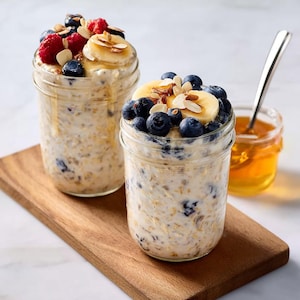 May include: Two mason jars filled with overnight oats, topped with fresh blueberries, banana slices, raspberries, and almond slivers. A small jar of honey and a spoon are next to the jars. The jars sit on a wooden cutting board.