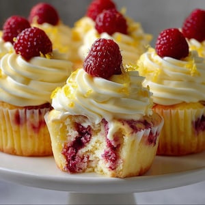 Receta de cupcakes de frambuesa y limón con glaseado de queso crema (Descarga digital en PDF)