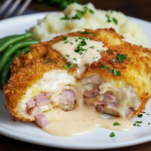 May include: A breaded and fried chicken cutlet filled with ham and cheese, topped with a creamy sauce and served with mashed potato and green beans.
