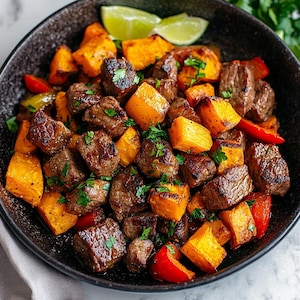 Peut inclure: Gros plan sur un bol noir rempli d'un mélange de patates douces et de bœuf en cubes, assaisonné d'herbes et d'épices. Le bol est sur une surface grise.