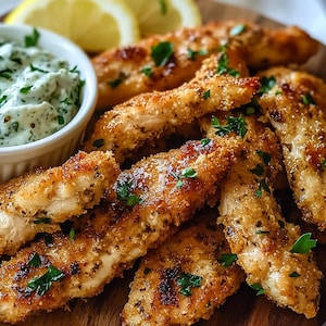 Puede incluir: Primer plano de tiernas de pollo crujientes de color marrón dorado con una salsa verde claro en un tazón blanco. Las tiernas de pollo están cubiertas con perejil fresco.