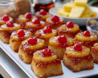 Op de afbeelding: Een witte rechthoekige schaal toont verschillende mini-ananas-upside-down cakes. Elke cake is versierd met een plakje ananas en een felrode kers. De cakes zijn goudbruin en worden gepresenteerd op een wit oppervlak.