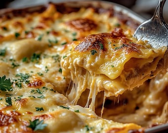 Può includere: Un primo piano di una pirofila piena di lasagne cremose e formaggiose. Una porzione di lasagne viene sollevata dalla pirofila con un cucchiaio, rivelando gli strati di pasta, formaggio e salsa.