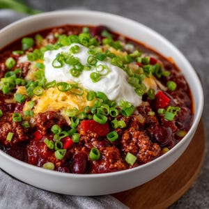 Könnte beinhalten: Eine weiße Schüssel mit Chili, garniert mit Sauerrahm, geriebenem Käse und gehackten Frühlingszwiebeln. Das Chili enthält Hackfleisch, Kidneybohnen und rote Paprika. Die Schüssel steht auf einem Holzbrett.