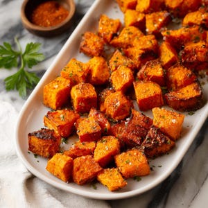 May include: A white rectangular platter of roasted sweet potato cubes. The sweet potatoes are orange, seasoned with herbs and spices, and sprinkled with salt. A small wooden bowl of seasoning is in the background.