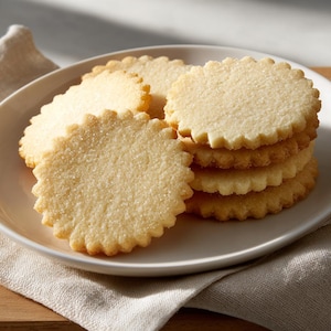 May include: A stack of round, golden-brown cookies with a scalloped edge and a sugar-coated surface. Several cookies are arranged on a white plate, with a few more scattered around. The cookies rest on a beige linen napkin.