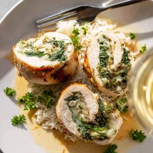 May include: Three slices of chicken breast stuffed with spinach and cheese, served on a bed of white rice. The chicken has a golden-brown exterior and a filling of green spinach and white cheese. Garnished with parsley.