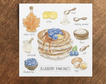 Blueberry Pancakes Card, Pancakes Notecard, Pancake thank you, Recipe Card Thank you, Blueberry Pancakes, Breakfast Card, Food Recipe Card