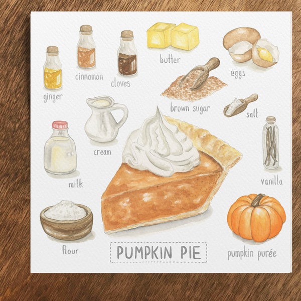 Pumpkin Pie Recipe Greeting Card | Pumpkin Pie | Thank You Card | Thinking of You Card | Dessert Illustration Card