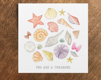 You Are a Treasure Seashell Card, Seashell Card, Seashell Notecard, Seashell Stationary, Ocean Card, Seashell Art Print, Seashell Watercolor