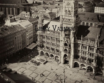 View of the Marienplatz, Munich, Germany Sepia Photograph - Free Shipping in US -