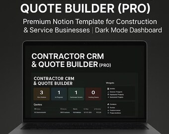 Contractor CRM and Quote Builder | Notion Template for Construction & Service Businesses  (Dark Mode)