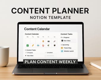 Puede incluir: Una pantalla de ordenador portátil que muestra una plantilla de Notion titulada Content Planner con una sección de Content Calendar y Content Tasks. La pantalla muestra una cuadrícula semanal con varios iconos, listas de tareas y el texto PLAN CONTENT WEEKLY.