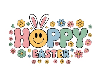 May include: A colorful graphic design with the text "Hoppy Easter" in a retro style. The text is surrounded by flowers and a smiling bunny face.