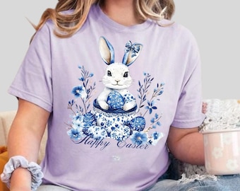 Blue Chinoiserie Easter Bunny png, Floral Toile Rabbit Clipart, Vintage Easter Bunny Digital Download, Blue Floral Rabbit Clipart.