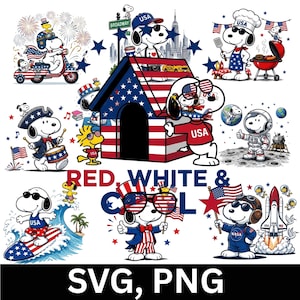 Può includere: Una collezione grafica digitale con Snoopy e Woodstock in vari temi patriottici americani, tra cui una cuccia con stelle e strisce, esplorazione spaziale, surf e barbecue, con il testo RED, WHITE & COOL, SVG, PNG.