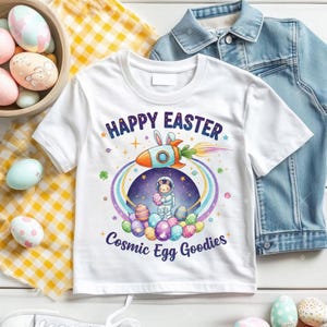 May include: White t-shirt with a colorful graphic design for Easter. The design includes a rocket ship with a bunny, an astronaut bunny, and the text "Happy Easter Cosmic Egg Goodies". Easter eggs are also featured.
