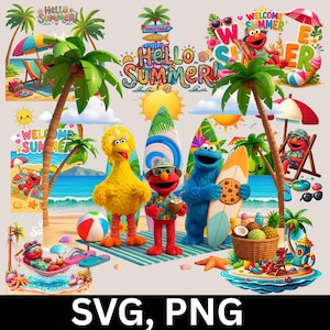 May include: A digital illustration featuring Big Bird, Elmo, and Cookie Monster on a beach with surfboards, palm trees, and summer-themed graphics. The design includes text reading Hello Summer and Welcome Summer, alongside beach balls and tropical fruit.