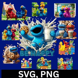Könnte beinhalten: Eine Collage farbenfroher Illustrationen von Sesame Street-Charakteren auf einem dunkelblauen Hintergrund. Die Bilder zeigen Krümelmonster mit Milch und Keksen, Elmo, Big Bird und andere Charaktere. Der Text unten lautet "SVG, PNG".