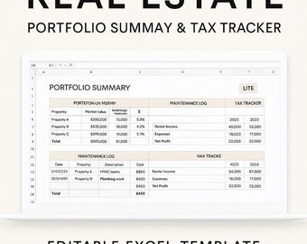 Real Estate Portfolio & Tax Tracker | Excel Spreadsheet for Rental Property Maintenance and ROI