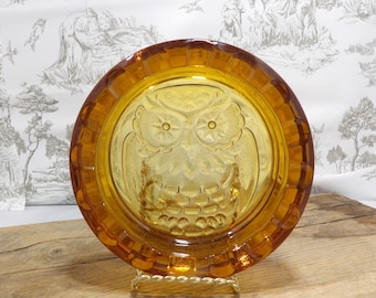Vtg Brockway MCM Amber Glass Owl Ashtray