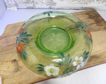 Vintage Uranium Glass Hand Painted Poppy Console Bowl Glows