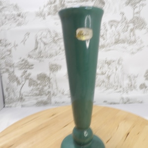 Può includere: Un vaso alto di vetro verde con la parte superiore svasata e una base arrotondata. Il vaso ha una finitura lucida e una piccola etichetta dorata vicino alla parte superiore. È esposto su una superficie di legno.