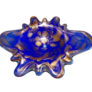 Hand Blown Art Glass Bowl Signed Cobalt Blue & Copper
