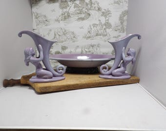 Vtg Royal Haeger Pottery Console Set Bowl with Nymphs Purple Glaze