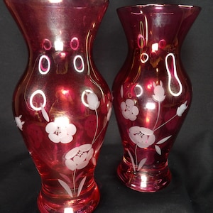 Cranberry Vases with Etched Flowers