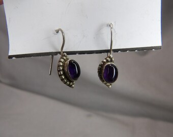 Vintage Sterling Silver Amethyst Stone Hook Style Drop Earrings