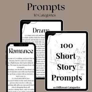 May include: A black and white image of two phone screens with text on them. The text on the left screen says "Romance" and lists several short story prompts. The text on the right screen says "100 Short Story Prompts" and "10 Different Categories".