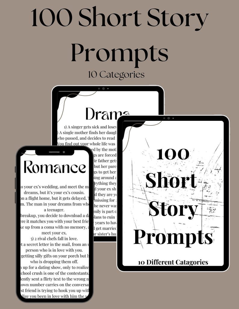 May include: A black and white image of two phone screens with text on them. The text on the left screen says "Romance" and lists several short story prompts. The text on the right screen says "100 Short Story Prompts" and "10 Different Categories".
