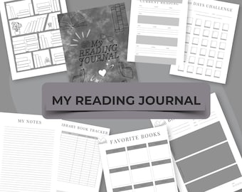 May include: A collection of white and gray reading journal pages. The journal includes pages for notes, a library book tracker, and favorite books. The cover of the journal is gray with the text "My Reading Journal".