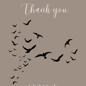May include: A thank you card with a flock of black birds flying in a heart shape. The text "Thank you" is written in white cursive script at the top of the card. The text "Jefa Originals" is written in white at the bottom of the card.