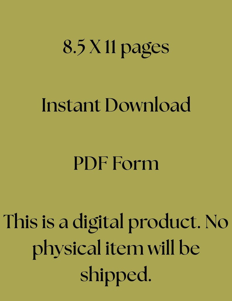Puede incluir: Texto sobre un fondo verde que dice "8.5 X 11 p&aacute;ginas", "Descarga instant&aacute;nea", "Formulario PDF" y "Este es un producto digital. No se enviar&aacute; ning&uacute;n art&iacute;culo f&iacute;sico."