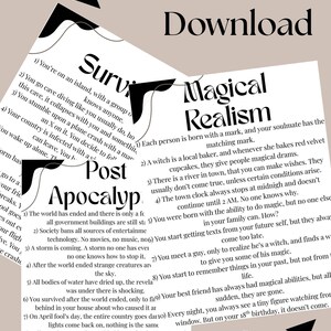 May include: A black and white image with text describing different scenarios for a survival, post-apocalyptic, and magical realism world. The text is in a bold, sans-serif font. The image is divided into two columns, with the left column titled "Survival" and the right column titled "Magical Realism".