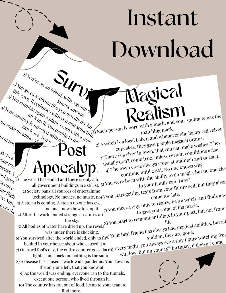 May include: A black and white image with text describing different scenarios for a survival, post-apocalyptic, and magical realism world. The text is in a bold, sans-serif font. The image is divided into two columns, with the left column titled "Survival" and the right column titled "Magical Realism".