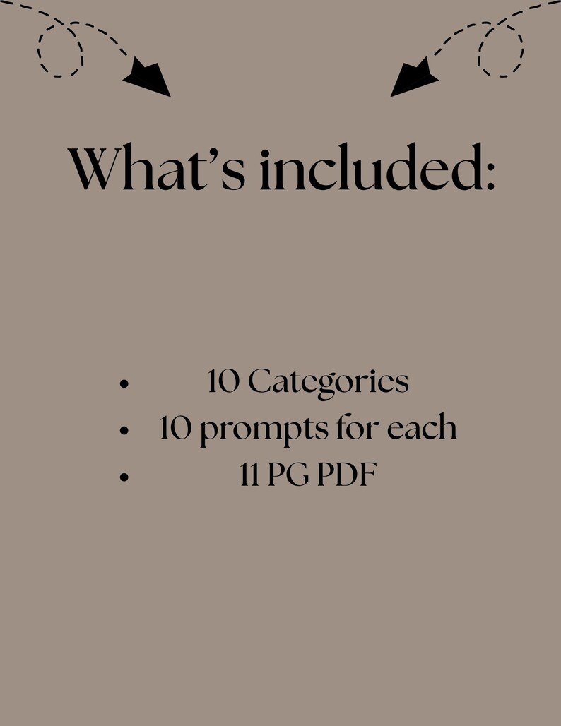 May include: What's included: 10 Categories, 10 prompts for each, 11 page PDF.