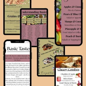 Puede incluir: Un collage digital colorido de tarjetas con texto sobre maridajes de alimentos y sabores b&aacute;sicos. Las tarjetas presentan im&aacute;genes de frutas, verduras, queso y vino. El texto incluye frases como "Entender lo b&aacute;sico", "Sabores b&aacute;sicos", "Maridar la comida como un experto", "Combinaciones de queso" y "Fruta".