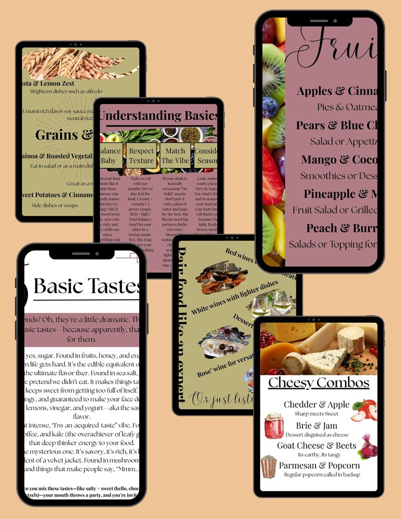 Puede incluir: Un collage digital colorido de tarjetas con texto sobre maridajes de alimentos y sabores b&aacute;sicos. Las tarjetas presentan im&aacute;genes de frutas, verduras, queso y vino. El texto incluye frases como "Entender lo b&aacute;sico", "Sabores b&aacute;sicos", "Maridar la comida como un experto", "Combinaciones de queso" y "Fruta".